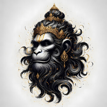 black and golden oil paint art of lord Hanuman  on white background