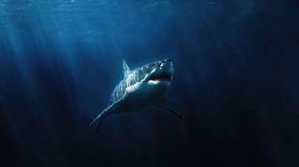 Fototapeta premium Great White Shark Swimming in Deep Blue Water