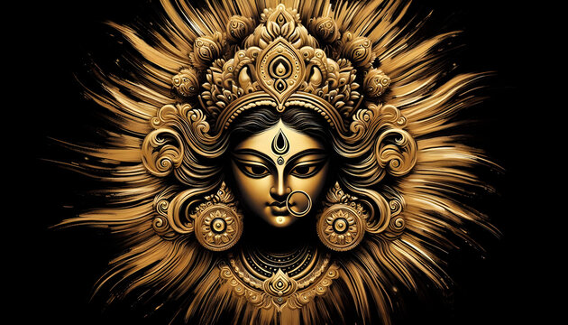 black and golden oil paint brush stroke art of maa Durga