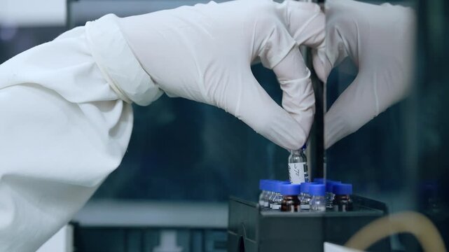HPLC machine, science experiment Vials filling inside an autosampler of an HPLC machine inside view in a Scientific experimental laboratory for research development in fda approved laboratory 