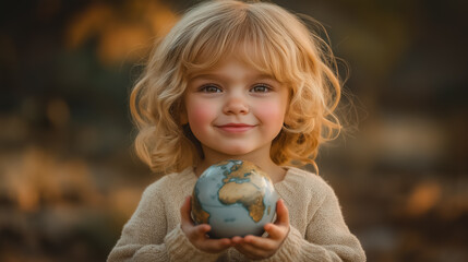 Fototapeta premium Portrait of a peaceful child, holding a small globe in hands, gentle smile, warm lighting, International Day of Peace theme, soft focus on face, detailed textures, serene and hopeful atmosphere