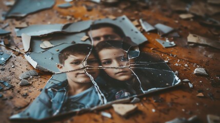 An evocative image of a broken family portrait lying on the floor, symbolizing the fractured bonds and emotional scars left by domestic violence