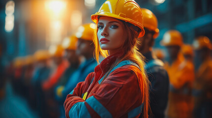 Group of diverse workers, each representing different industries, standing united in a line, strong stance, symbolic tools in hand, bright sunrise in the background, sense of hope and empowerment
