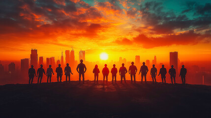 Group of diverse workers, each representing different industries, standing united in a line, strong stance, symbolic tools in hand, bright sunrise in the background, sense of hope and empowerment