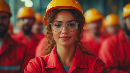 Diverse group of workers in protective uniforms, standing together in a modern industrial setting, strong and united, International Workers' Day theme, bright and bold colors