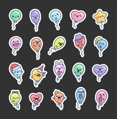 Cute kawaii balloon. Sticker Bookmark. Funny cartoon characters. Hand drawn style. Vector drawing. Collection of design elements.