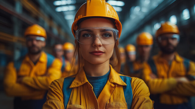 Diverse group of workers in protective uniforms, standing together in a modern industrial setting, strong and united, International Workers' Day theme, bright and bold colors, dynamic composition