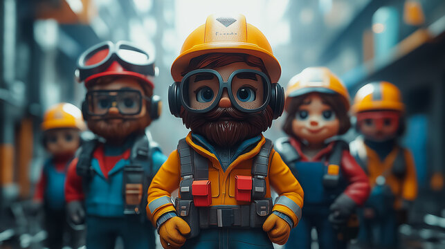 Diverse group of workers in protective uniforms, standing together in a modern industrial setting, strong and united, International Workers' Day theme, bright and bold colors