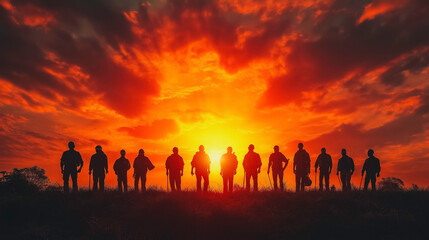 Group of workers from various sectors standing together, sunrise backdrop