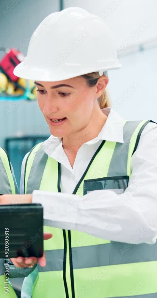 Poster Machine, woman and discussion with tablet in factory for design review, inspection results and compliance reports. Engineers, robotics facility and online for technical manual or system configuration