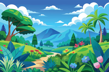 Cartoon vector design illustration of hilly forest scenery with green trees and colorful flowers and mountains with blue sky.