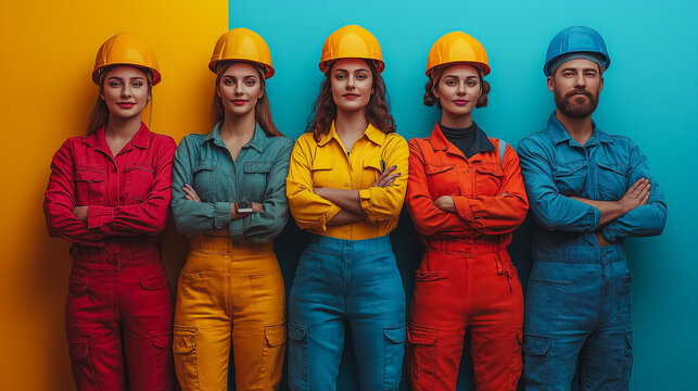 Diverse workers in modern uniforms, united stance, industrial setting, International Workers' Day theme, vibrant colors