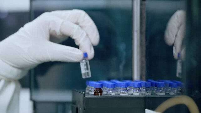 Fda approved hplc machine, close up of science experiment Vials filling inside an autosampler of an HPLC machine inside view in a Science experiment laboratory research development analysis