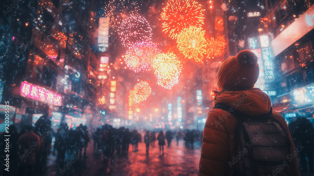 Wall mural A person is standing in the rain with a backpack and looking at fireworks. The scene is set in a city with many people and buildings. The fireworks are bright and colorful