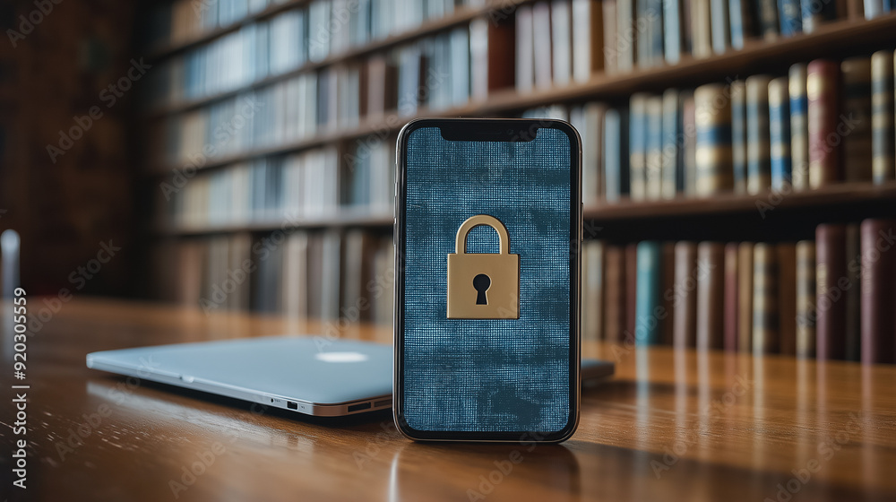 Poster privacy security and data protection on mobile phone and laptop, emphasizing data encryption systems