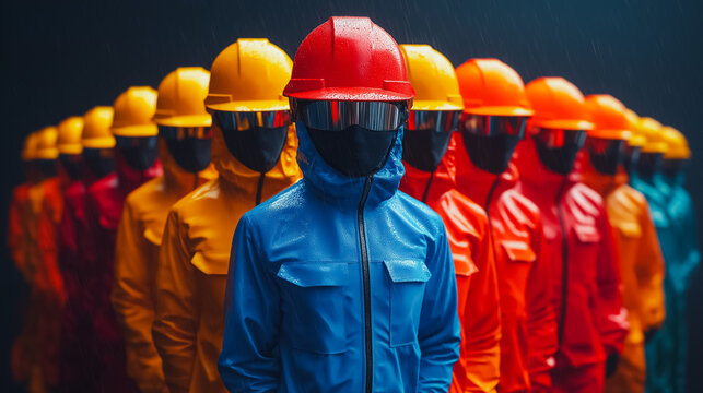 Group of workers in protective uniforms, standing confidently, industrial backdrop, vibrant colors, International Workers' Day focus, strong and united theme, 3D abstract elements