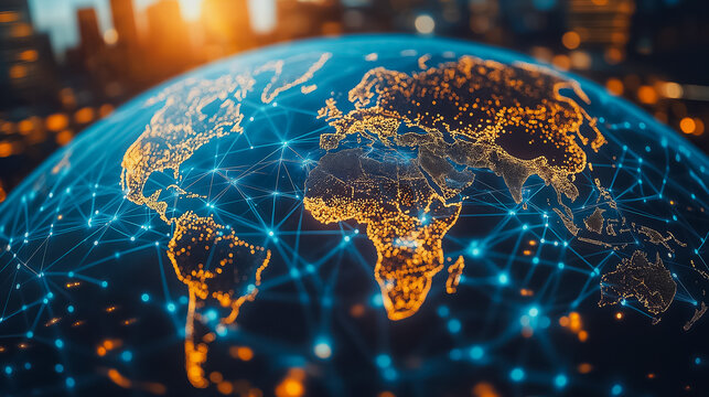 Global business and digital organization concept with a business team working on global network connections and data exchange, emphasizing teamwork, HR recruitment, and global outsourcing