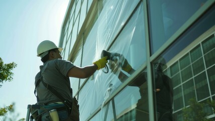 worker use scaraper cleaning window before installing tinting window film.