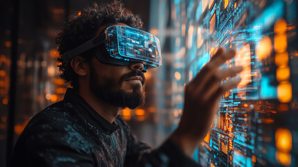 A man explores a virtual reality environment using a VR headset, interacting with a vibrant digital display.