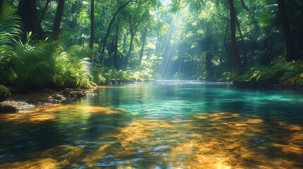 Fototapeta premium A serene forest scene featuring a crystal-clear river illuminated by sunlight, surrounded by lush greenery and vibrant reflections.