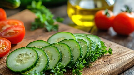Fresh Cucumber Slices on Cutting Board