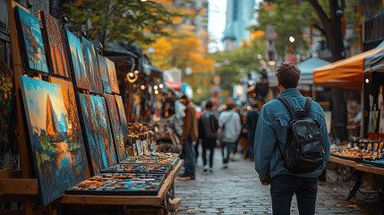 Fototapeta premium A vibrant market scene with artworks displayed, capturing the essence of urban life and creativity during autumn.