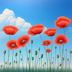 Bright red poppies in a lush green field under a clear blue sky. Captivating spring floral scene with colorful flowers and vivid sky.