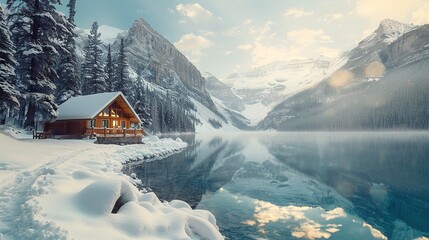 Beautiful view of Emerald Lake with snow covered and wooden lodge glowing in rocky mountains