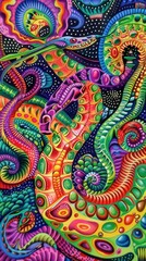 Fototapeta premium Vibrant snakes with swirling patterns and colors move through a cosmic backdrop filled with stars