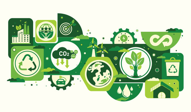 World environment and sustainable development concept with ecology icons template vector flat design, eco friendly and green technology. ESG for business and organization. Net zero and carbon neutral