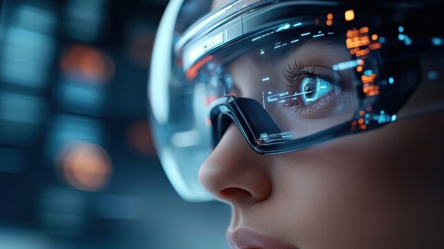 Advanced digital interface scanning a female's eyes with floating elements and technology against a sleek cityscape.
