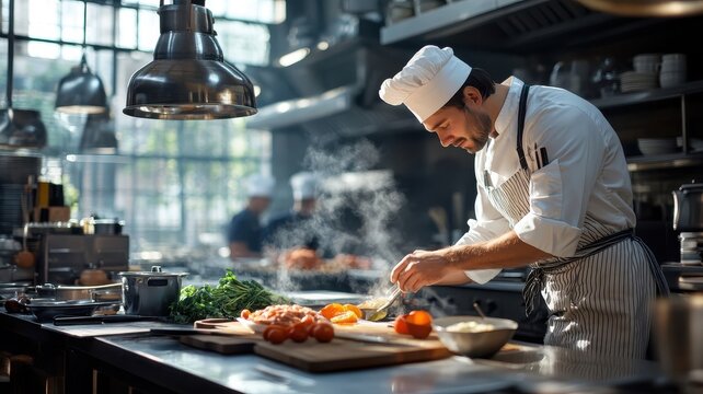 Bustling kitchen with chefs preparing meals, fresh ingredients, and a professional setup.