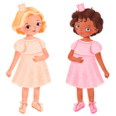 Two adorable princess girls with crowns in pink dresses are posing playfully in illustrations