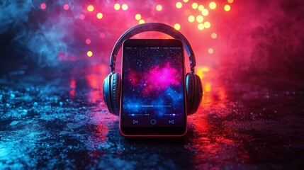Music banner. Mobile smartphone screen with music application, sound headphones. Audio voice with radio beats on neon gradient background. Broadcast media music banner with copy space
