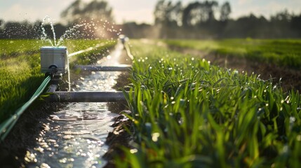 Obraz premium Water flows through channels as farmers irrigate crops in the evening light