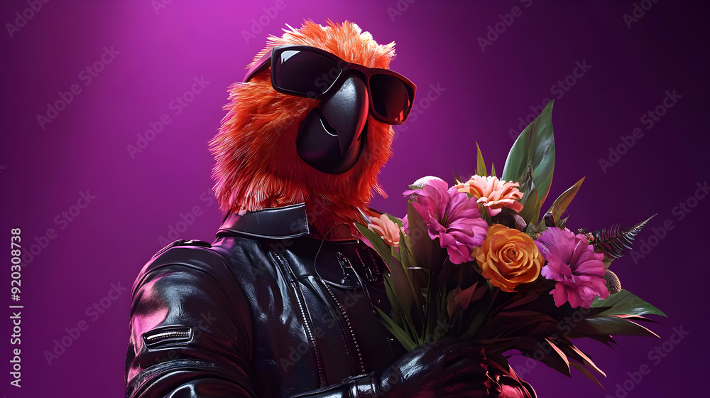 Canvas Prints A stylized bird character in sunglasses holding a bouquet of flowers against a vibrant background.