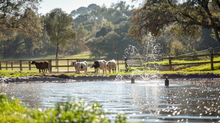 Obraz premium Cows relax near a pond with a fountain, surrounded by lush greenery under a sunny sky
