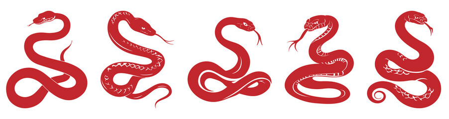 Set of red snake zodiac year. Chinese character with snake illustration for New Year