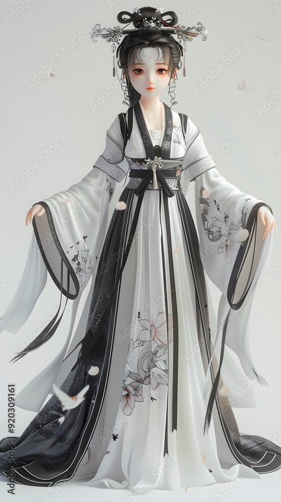 Wall mural elegant 3d character of a beautiful woman in traditional hanfu on a white background, showcasing the