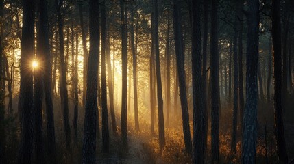 Fototapeta premium Sunbeams Piercing Through a Dense Pine Forest