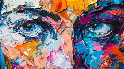 Close-up of a colorful oil painting of a person's eyes, with thick brushstrokes, showing the texture of the paint.