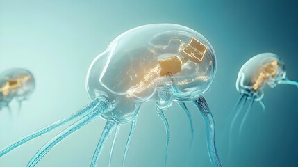 A futuristic depiction of jellyfish with glowing elements inside.