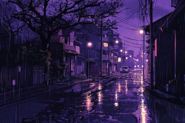 Naklejka premium A rainy night walk with soft street lights reflecting on wet pavement. Cozy vibe, Generative AI