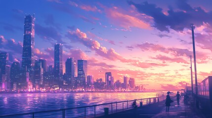 Futuristic Anime City by the Sea