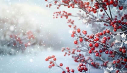 Snow-covered red berries on branches in a tranquil winter landscape