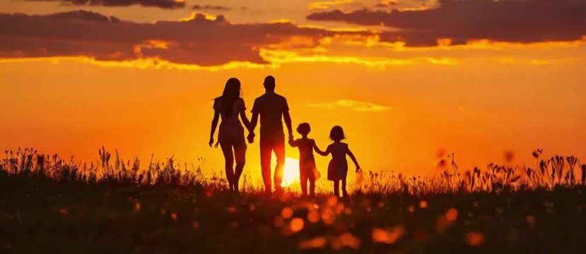 Silhouette of family holding hands at sunset in field
