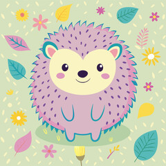 Cartoon cute little hedgehog standing on two legs, pastel purple, light yellow background, surrounded by leaves and flowers, sweet color, very cute.Hedgehog Cartoon Porcupine Animal