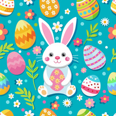 Happy Easter scene with a cute bunny, colorful eggs, flowers, and a festival