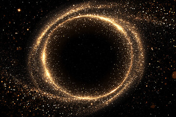 Gold glitter circle of light shine sparkles and golden spark particles in circle frame on black background. Christmas magic stars glow, firework confetti of glittery ring shimmer	