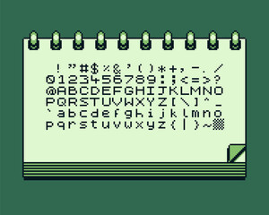 Alphabet on sheet notebook pixel art style icon, fonts, interface, 8-bit sprite, game assets, retro 80s console gaming app, video game, old school computer graphic design. Isolated vector illustration